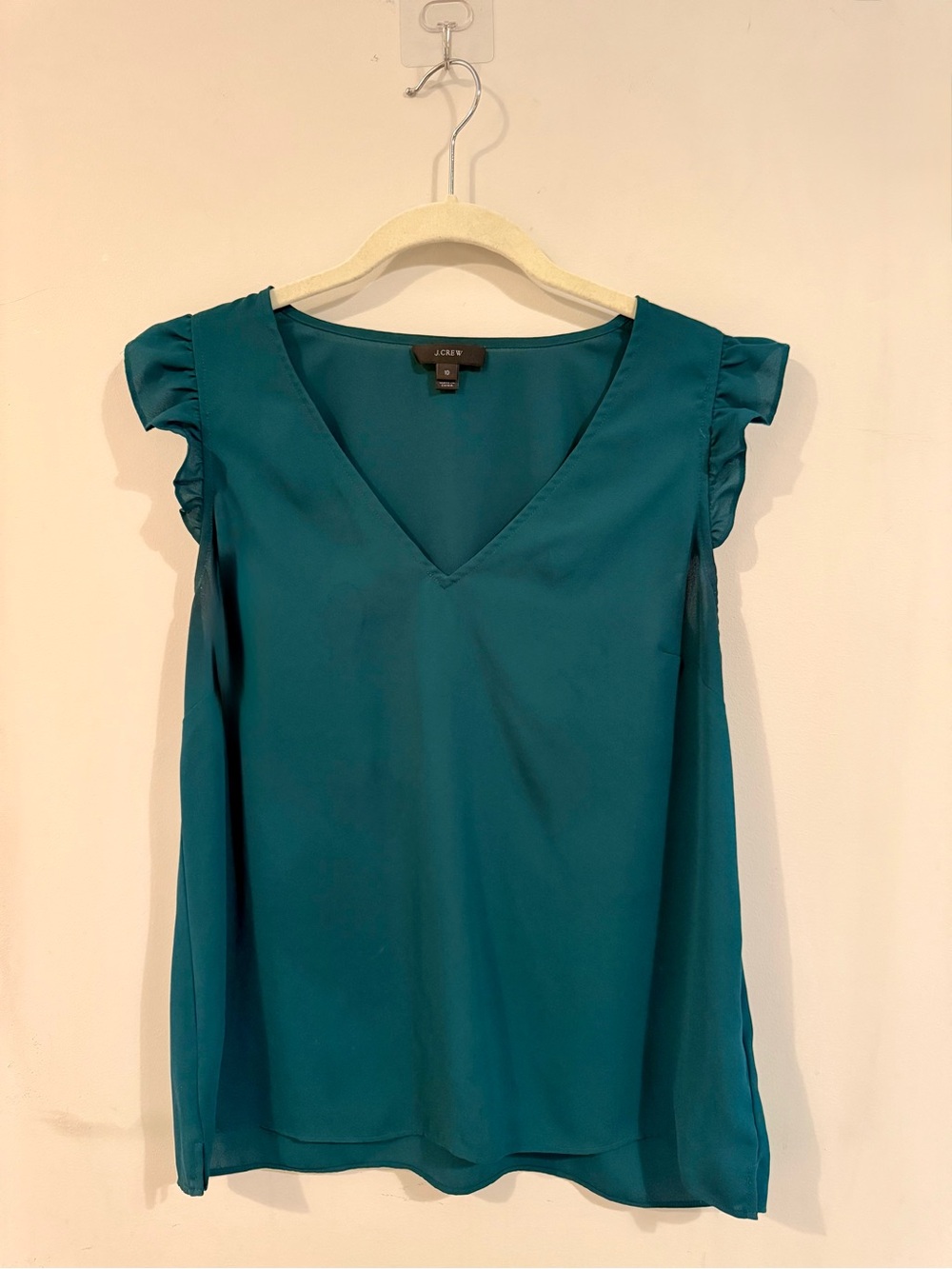 J. Crew Dark Green V-Neck Flutter Sleeve Top, Size 10